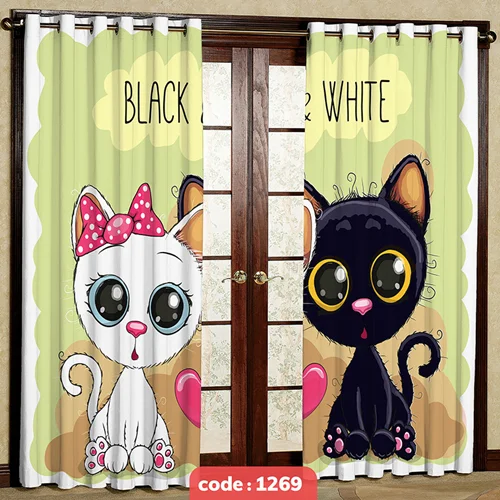 پرده پانچی اتاق کودک مدل گربه سیاه و سفید کد S-1269