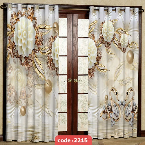 پرده پانچی تصویری مدل گل و قو نگین دار کد S-2215