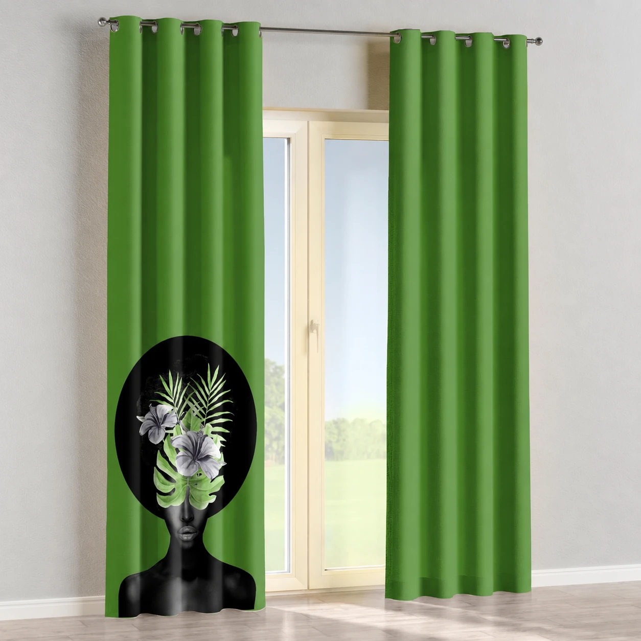 پرده پانچی چاپی طرح برگ بوهو سبز کد 1137-C