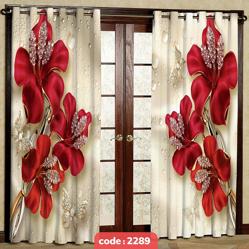پرده پانچی تصویری گل قرمز نگینی کد S-2289