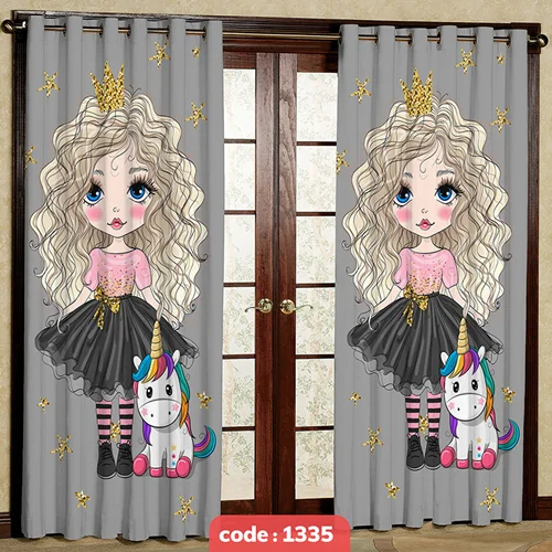 پرده پانچی اتاق کودک مدل دختر و یونیکورن کد S-1335