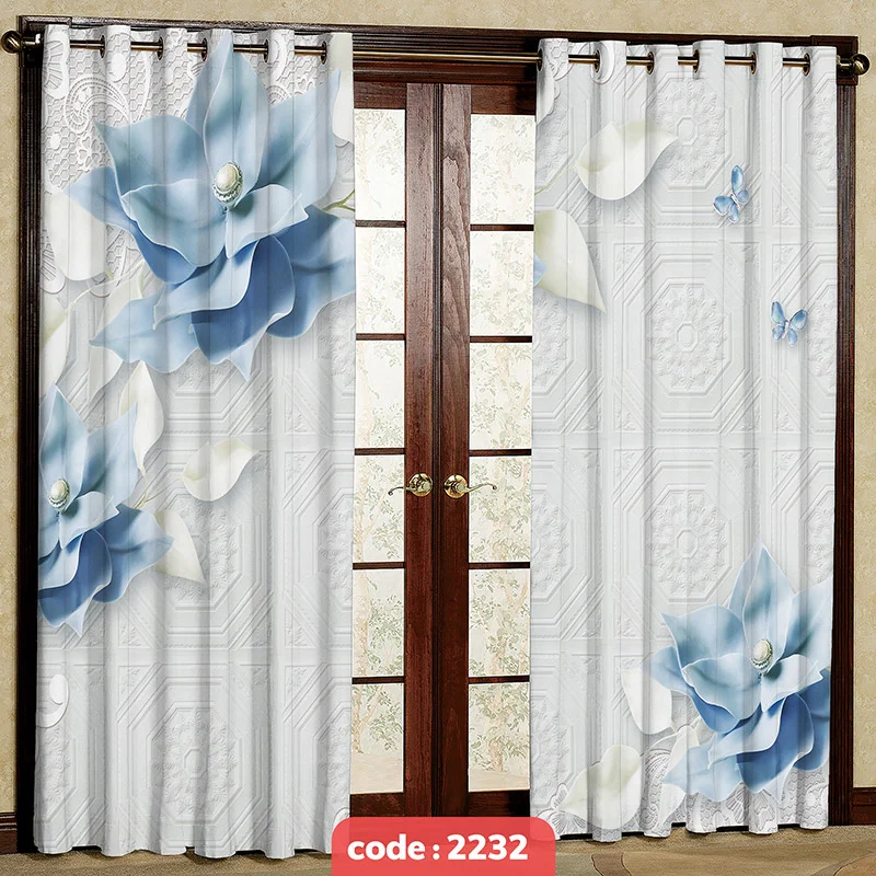 پرده پانچی تصویری مدل گل سفید و آبی کد S-2232